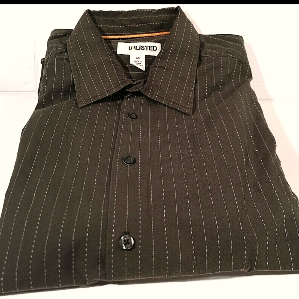 Unlisted by Kenneth Cole Button Up Lrg Brown Green Long Sleeve Shirt Stitches